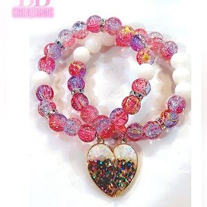 2PC Friendship, Bestie bonding Pink Beaded Heart Charm Bracelet. BBF